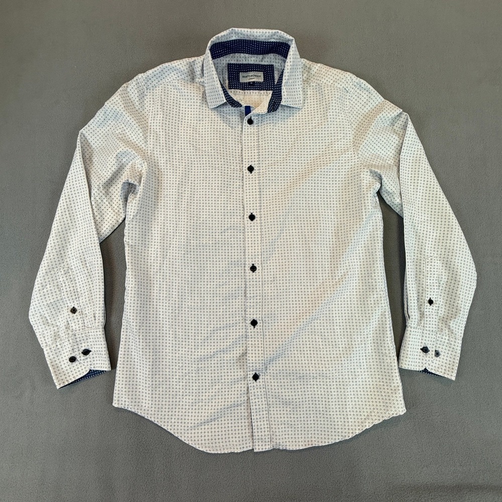 Berto Romani London Shirt Mens Medium Blue White Geometrnic Diamond Print Dress